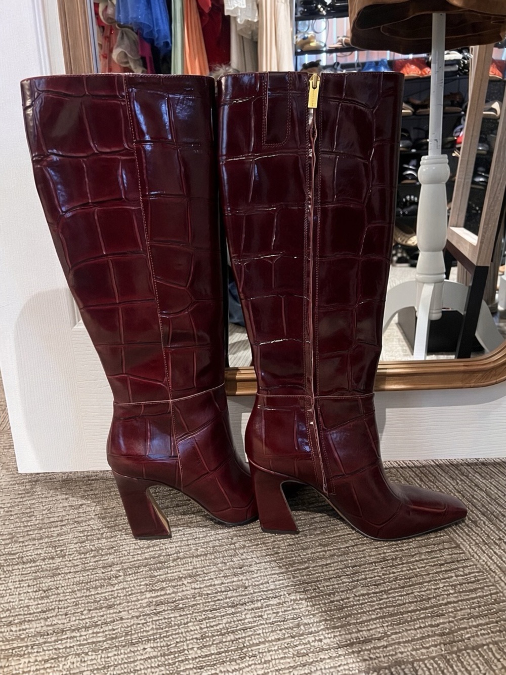 Vince Camuto Women's Burgundy Croc-Embossed Knee-High Heeled Boots